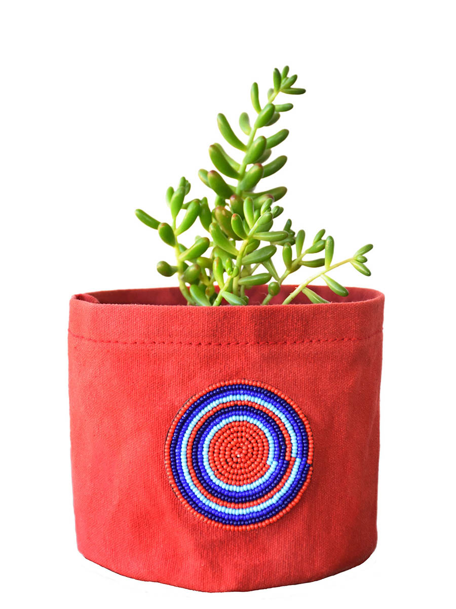 Red Hand Beaded Canvas Planter